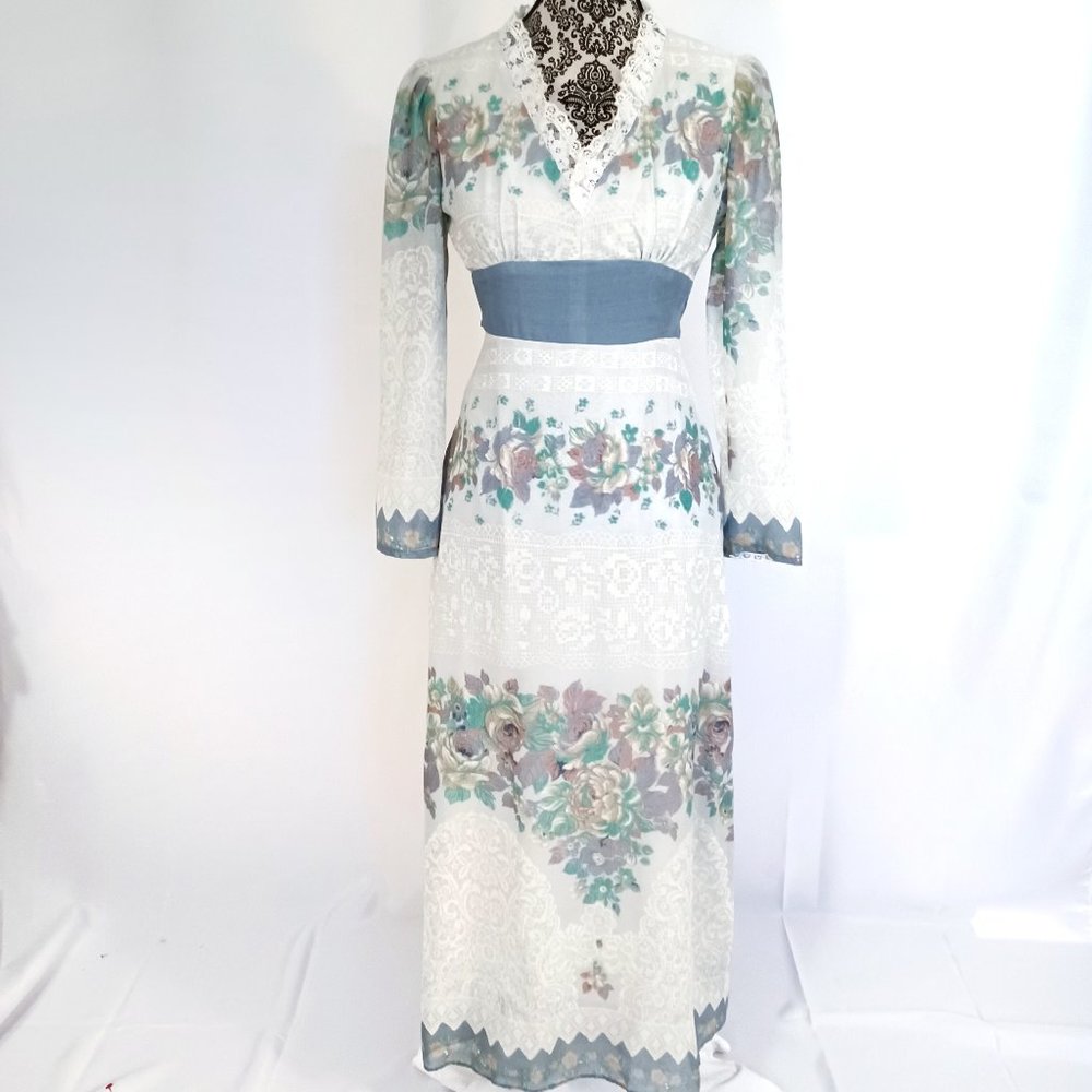 VINTAGE 70's Floral Voile LS High Waist Cottagecore Prairie Maxi Dress XS - Picture 2 of 5
